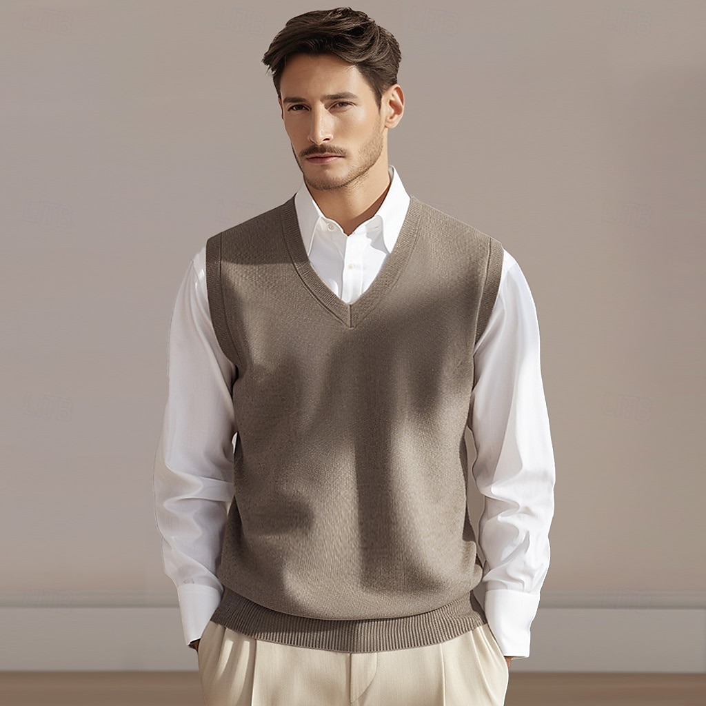 Voor heren Trui vest breien Effen Kleur V-hals Gebreid Elegant Buiten Huis Kleding Lente Herfst Rode Wijn Zwart S M L 2025 - $49.99 –P3
