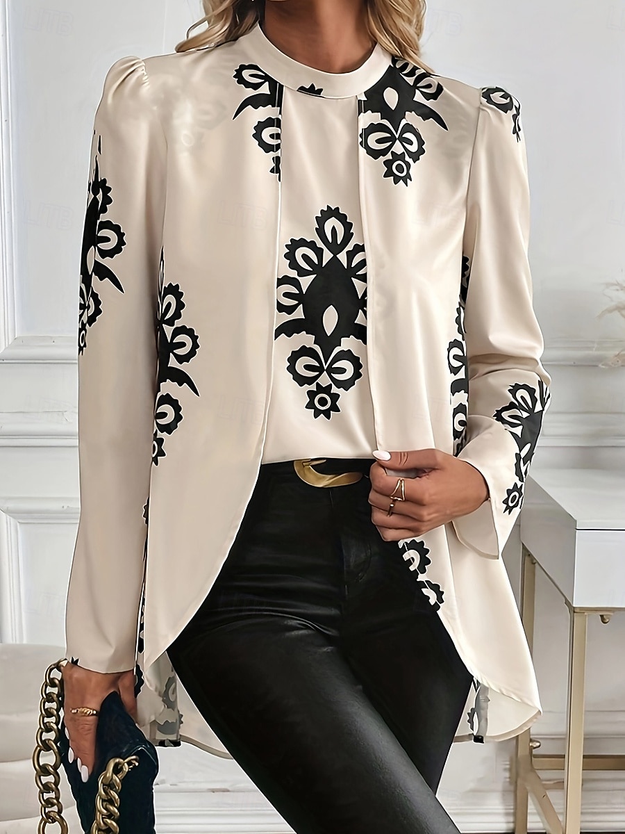 Mulheres Camisa Social Blusa Imprimir Gráfico à moda Casual Manga Longa Gola Redonda Tops regulares Diário Branco Verão Primavera Outono de 2026 por $34.99 –P1
