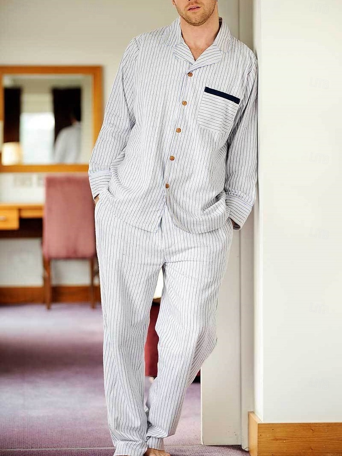 Herre lounge Nattøy Pyjamas Sett Pyjamas topp og bukse 2 deler Ruter Stripe Stilfull Fritid Komfort Hjem Daglig Bomull Komfort Knaphul Langermet Skjorte Bukse Snorer Elastisk midje Vår Høst Hvit Gul 2025 - $18.99 –P9