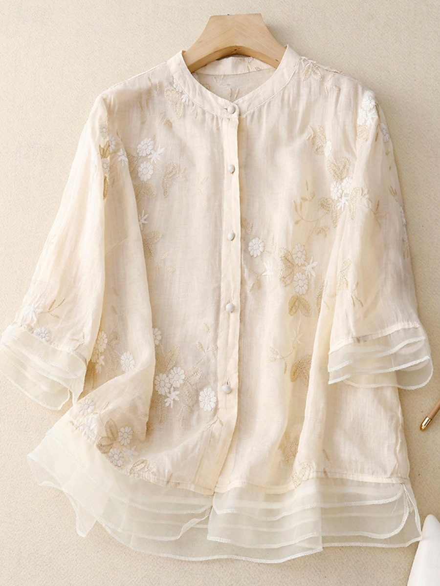 Damen Hemd Baumwoll-Leinen-Hemden Knopfleiste Bluse Blumen Basic Lässig Dreiviertelarm Hoher Ausschnitt Normale Oberteile Täglich Bestickt Knöpfe Gelb Purpur Grün Beige Sommer Frühling Herbst 2025 - $27.99 –P6