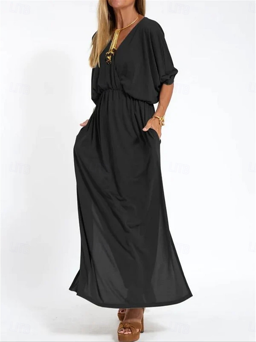Dames Maxi-jurk Casual jurk A lijn jurk Stijlvol Basic Casual Vakantie Dagelijks Normale pasvorm Effen Halve mouw V-hals Zwart Leger Groen Zomer Lente 2025 - GBP £28.99 –P5