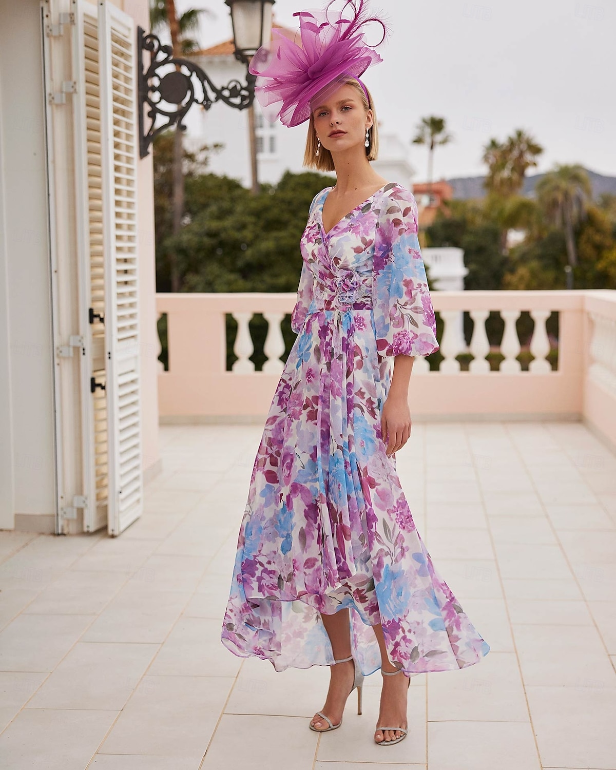 Blumenkleid Mutter der Braut Kleid Elegant Vintage V-Ausschnitt Asymmetrisch Chiffon 3/4-Länge Ärmel mit Spitzenapplikationen Blumen Renntagskleid Hochzeitsgast Kleid 2025 - $176.99 –P1