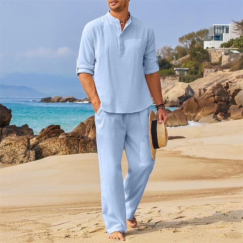 Herren 2 Stück Hemden-Set Sommer-Set Passende Sets Lässiges Hemd Glatt Urlaub Täglich Schwarz Grau Leicht Blau Langarm Kragen Sommer Bekleidung 2025 - $42.99 –P4