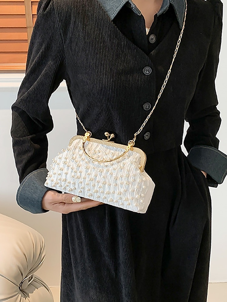 Vintage Pearl Beaded Clutch Bag – Elegant Women's Evening Handbag with Gold Frame and Chain Strap for Weddings, Parties and Formal Events Black White Khaki 2025 - $18.99 –P1