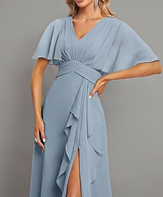 A-Linien Brautjungfernkleid V-Ausschnitt Kurzarm Elegant Bodenlänglich Chiffon mit Rüschen  Geteilter Front  Raffung 2025 - $164.99 –P3