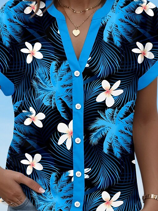 Cămașă pentru femei florală grafică stilată plajă cămașă cu mânecă scurtă guler bluze regulate butoane print albastru primăvară-toamnă 2025 - $29.99 –P3