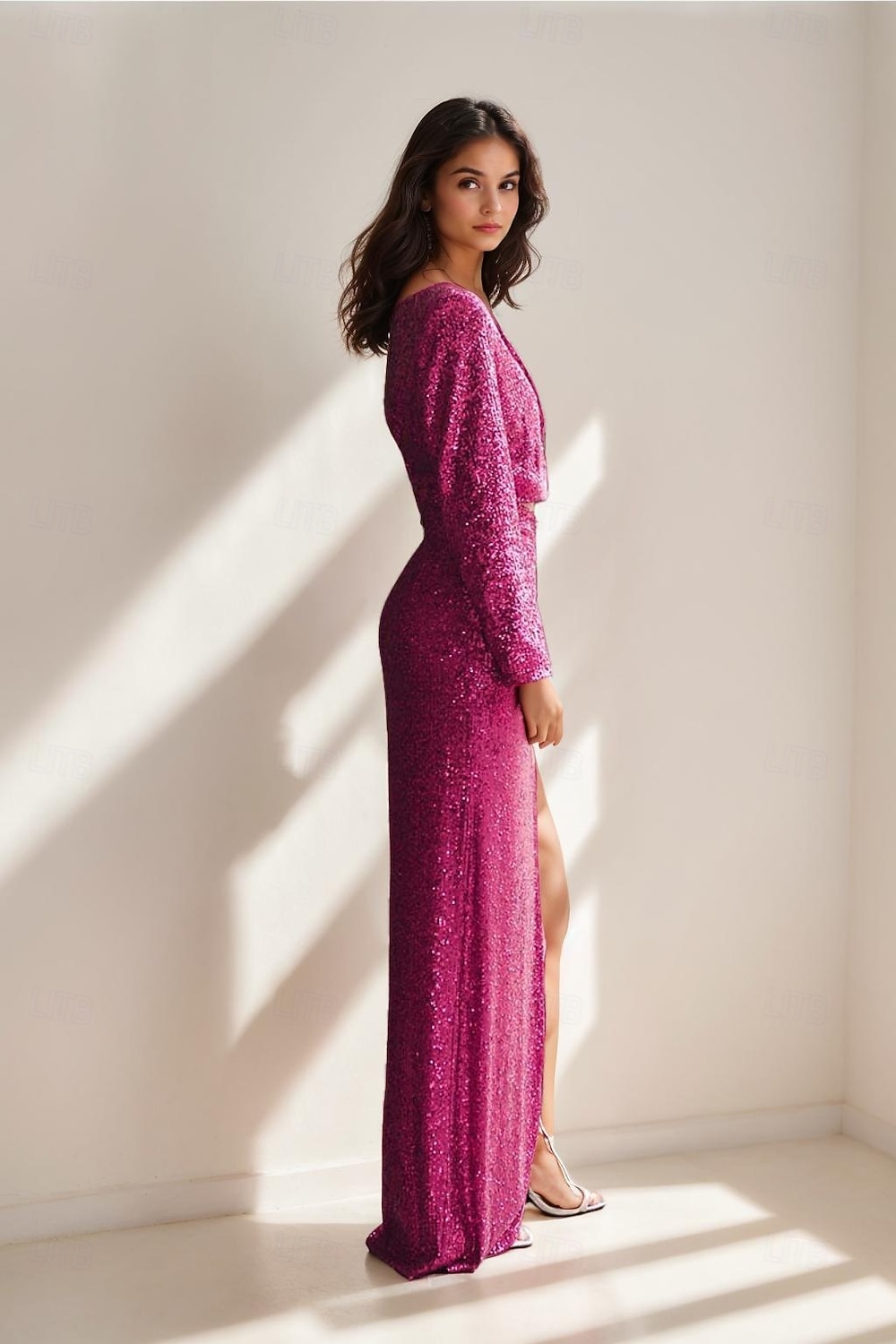 ivory sequin prom dress Ivory Sequin Maxi Dress With Slit main image 1
