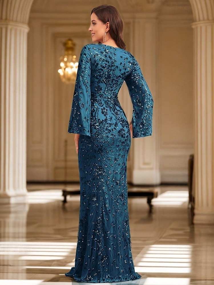 Vestido de Sereia de Noite Vintage Formal Casamento Comprimento do Chão Manga Longa Decote em V com Apliques de 2025 por $129.99 –P4