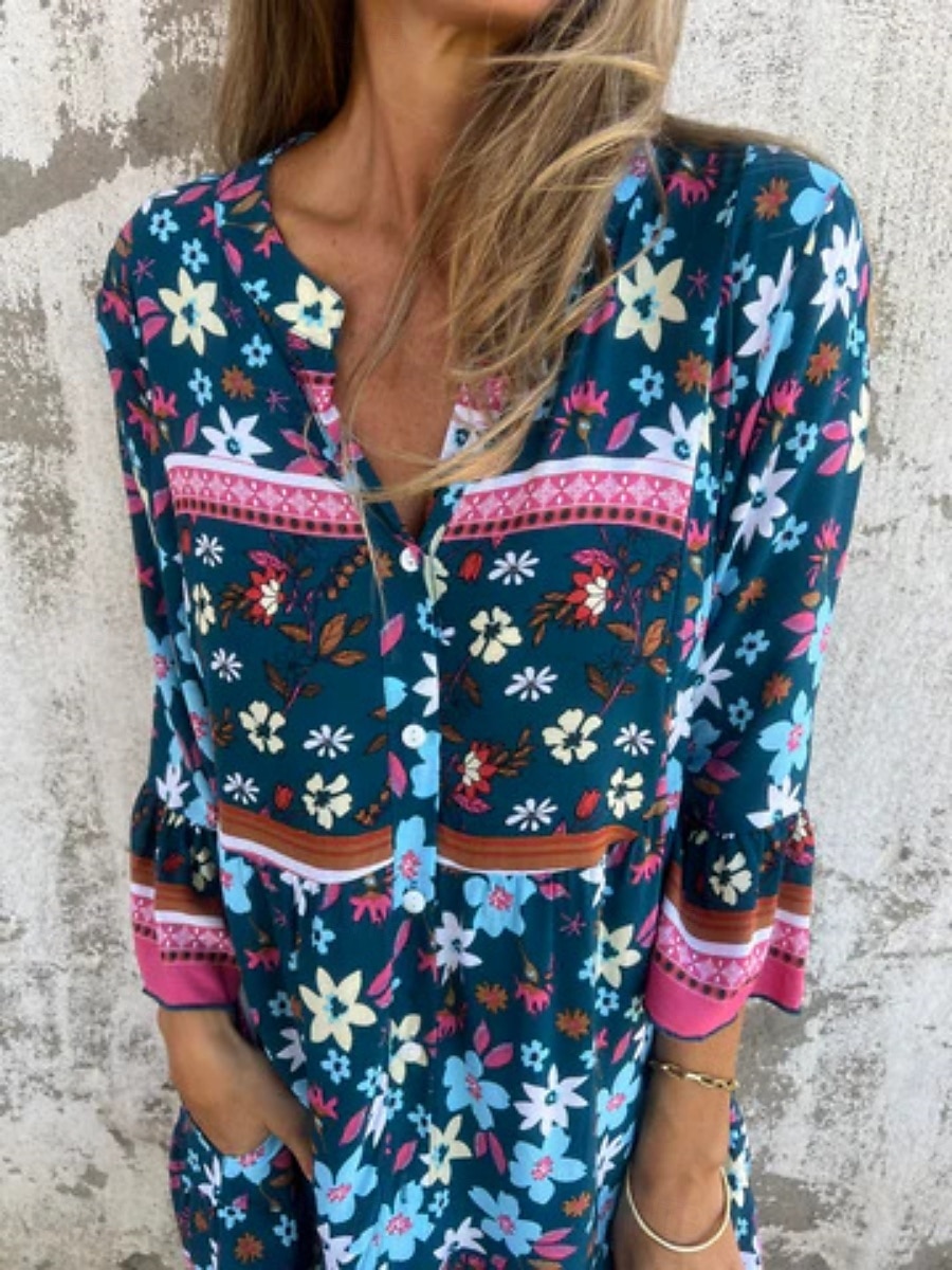 Damskie Sukienka midi Codzienne sukienki Sukienki w stylu boho Bohema Codzienny Boho Urlop Codzienny Plaża Luźna Kwiaty Rękaw 3/4 Kołnierzyk koszuli Granatowy Królewski błękit Fioletowy Lato Wiosna 2025 - $32.99 –P3
