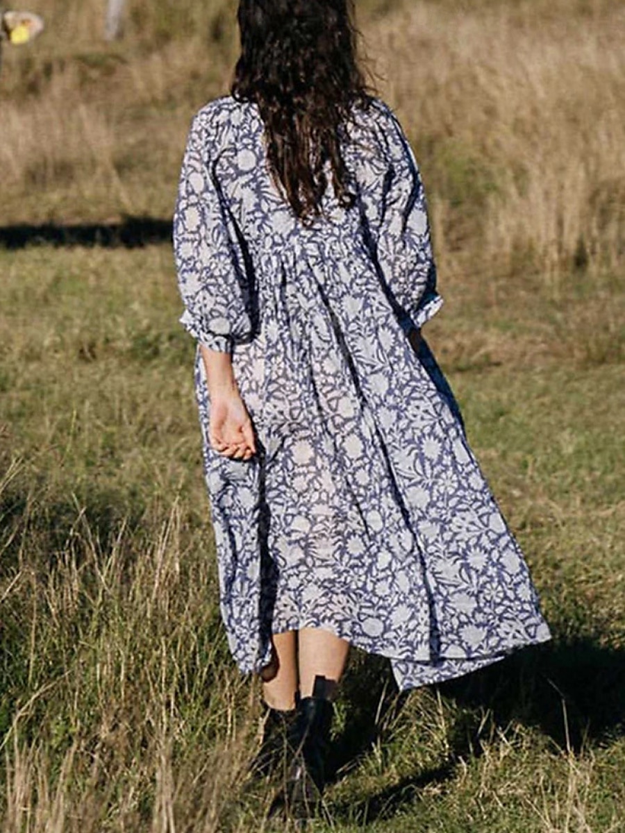 Dame Midikjole Uformell kjole Stilfull Fritid Feriereise Daglig Normal Blomstret 3/4 ermer Crew-hals Navyblå Blå Vår Høst 2025 - $35.99 –P10