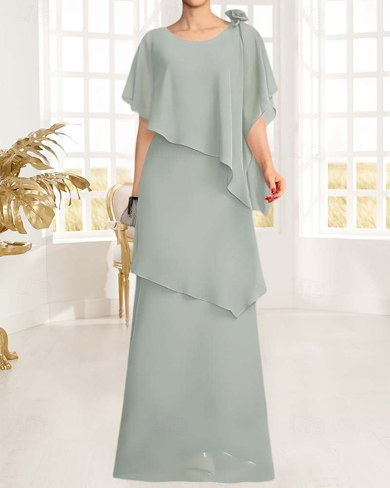 Robe mère de la mariée fourreau  colonne élégante à col bijou longueur sol chiffon floral à courte manche avec volants de 2025 ? $161.99 –P7