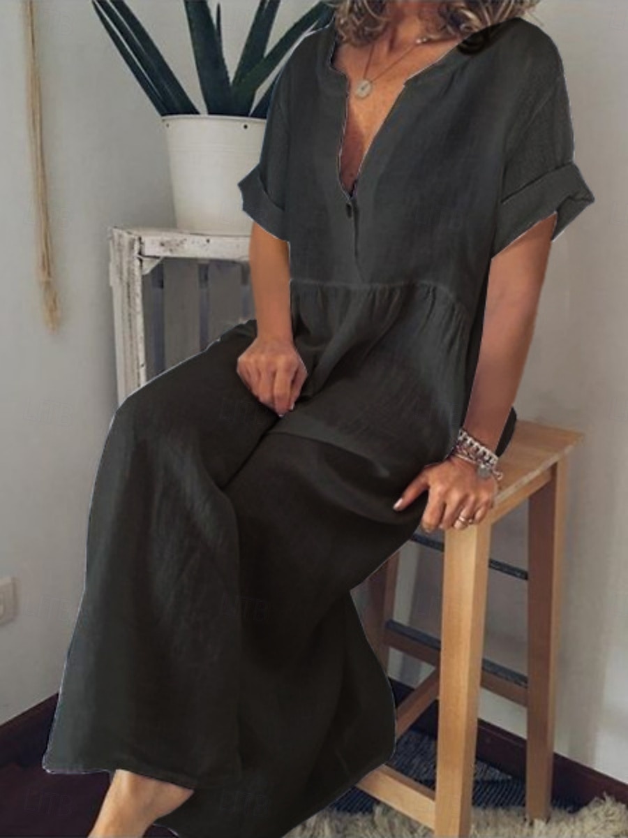 Women's Maxi Dress Cotton Linen Dresses Casual Dress Basic Casual Vacation Daily Regular Fit Plain Short Sleeve V Neck Black White Purple Light Blue Summer 2025 - $26.99 –P4