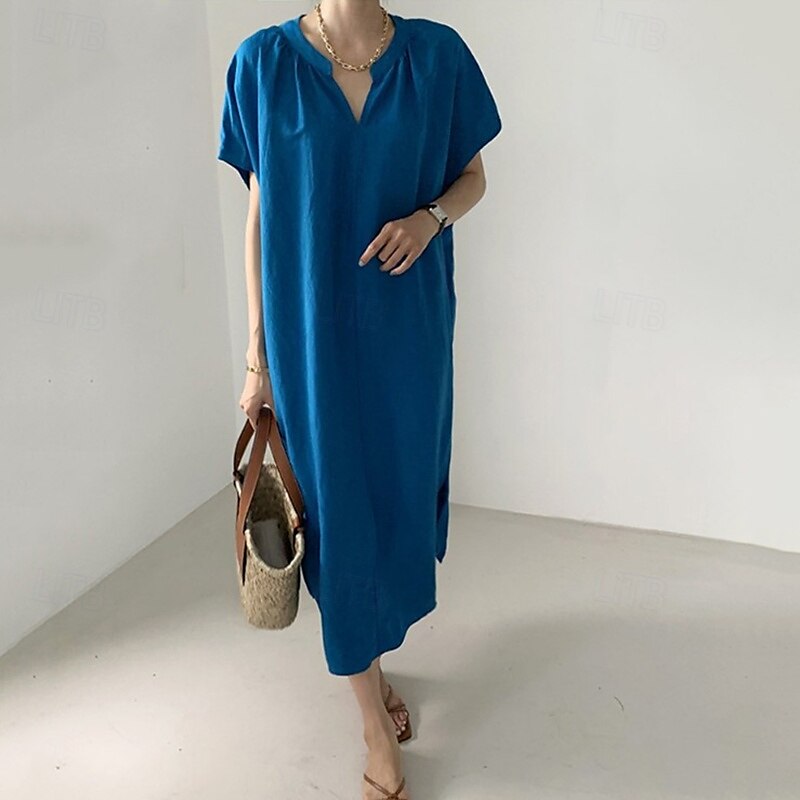 Per donna Abito Lungo Maxi Abito Abiti ispirati al lino Vestito Casual Abito in cotone e lino Elegante Casual Vacanza Quotidiano Data Vestibilità regolare Semplice Manica Corta Scollo a V Blu Estate del 2025 a $26.99 –P1