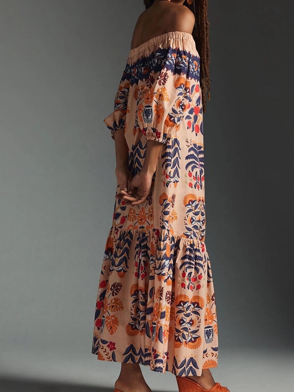 Femme Robe Maxi Robe casual Robes bohème chic robe boheme Bohême Le style mignon mode Vacances du quotidien Plage Ample Graphic manche longue Epaules Dénudées Orange Eté Printemps de 2025 ? $27.99 –P5