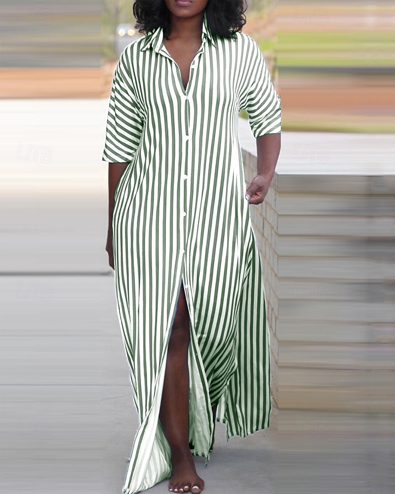 Femme robe longue Robe chemise Robe casual Robe d'été mode Décontractées Vacances du quotidien Rendez-vous Standard marinière Demi Manches Revers Noir Rouge Bleu Vert Eté Printemps de 2025 ? $23.99 –P5