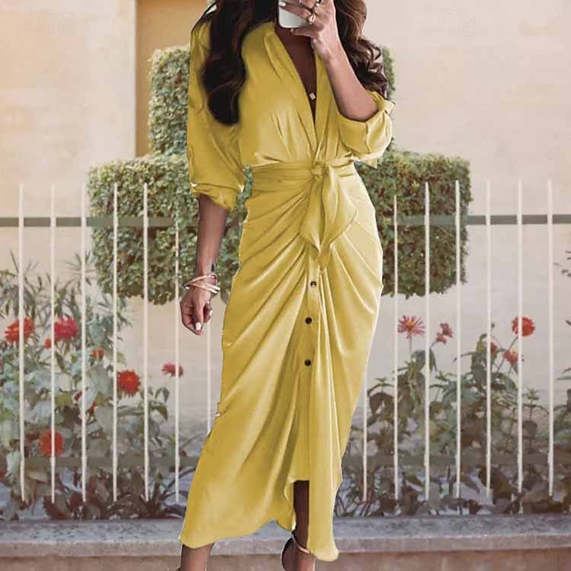Damen kleid lang blusenkleid Casual kleid Sommerkleid Stilvoll Brautkleider schlicht Urlaub Täglich Verabredung Regular Fit Farbblock Langarm Kargen Weiß Gelb Himmelblau Khaki Sommer Frühling 2025 - $23.99 –P6