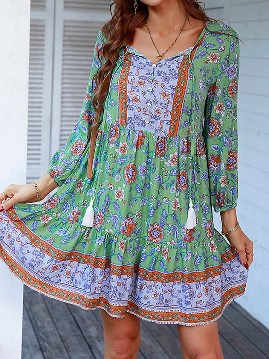 Damen Minikleid Casual kleid Boho Chic Kleider Boho-Kleid Böhmen Kuschelig Stilvoll Urlaub Täglich Strand Lockere Passform Graphic Langarm V Ausschnitt Rote Grün Frühling Herbst 2025 - $32.99 –P1
