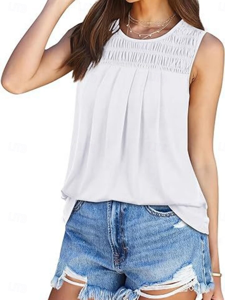 Dames Blouse Effen Kleur Basic Casual Mouwloos Strakke ronde hals Normale tops Dagelijks Met ruches Wit Blozend Roze Zomer 2025 - $22.99 –P6