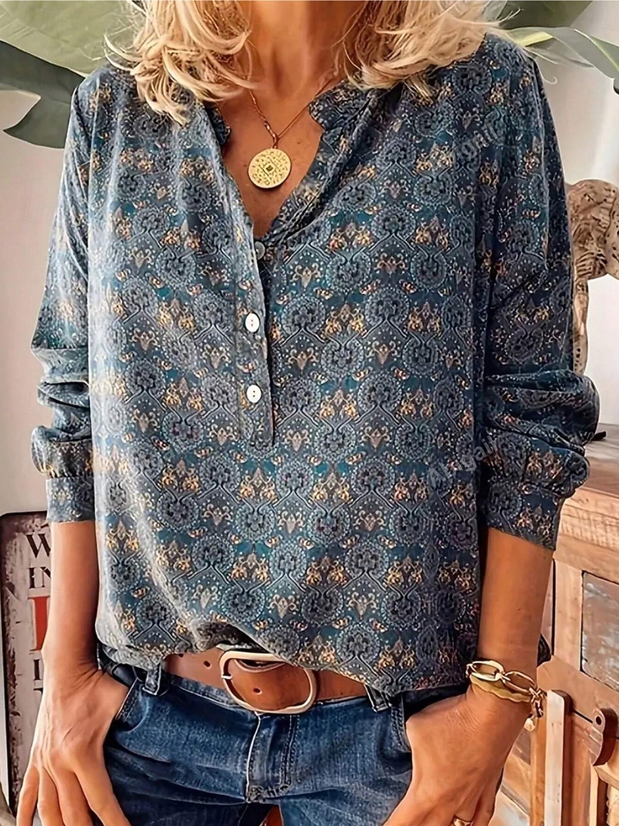 Damen Elegante Oberteile Kunstbaumwollleinen Stilvoll Retro Vintage Langarm Bischofsärmel Einkerbiger Ausschnitt Normale Oberteile Täglich Blau Sommer Frühling Herbst 2026 - $18.49 –P1