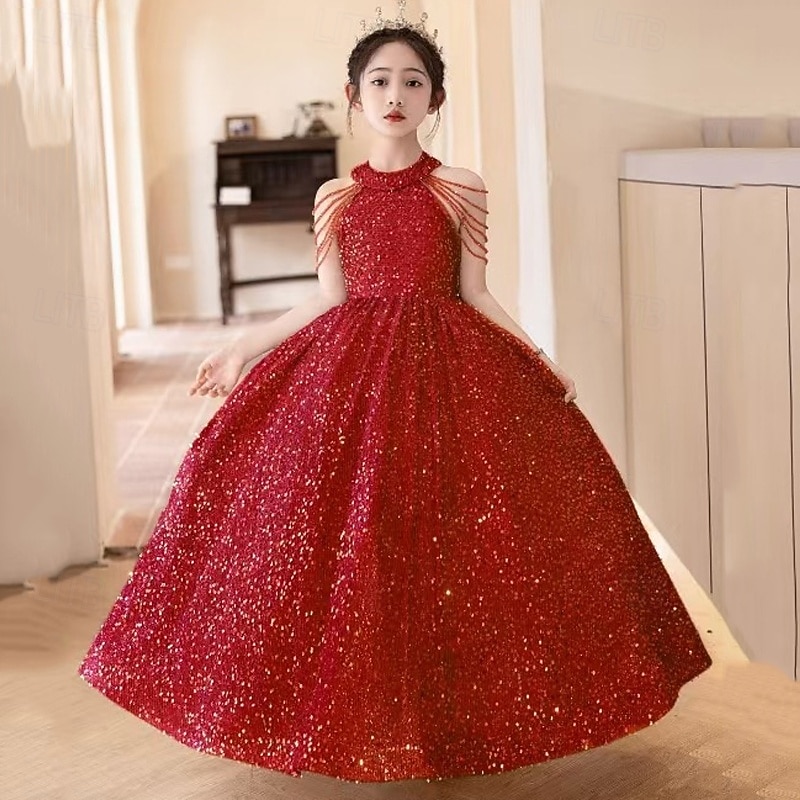 Abito da damigella d'onore bambina bambini Da ragazza Abito da principessa Prestazioni Matrimonio Feste Elegante Bellissimo Con lustrini Tinta unica Senza maniche Girocollo Nero Rosso 4 anni + del 2026 a $78.99 –P5