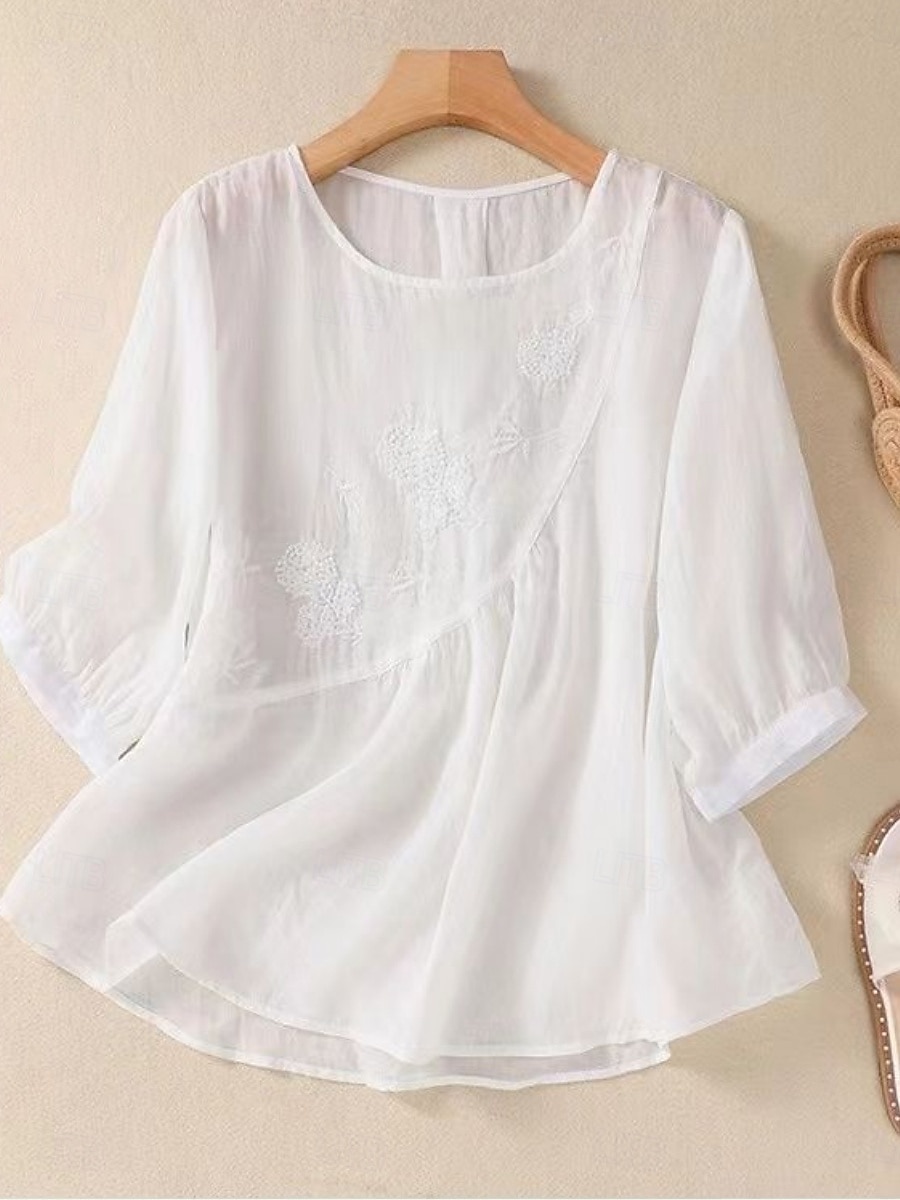 Dame Skjorte Bluse Skjorter i bomullslin Helfarge Grunnleggende Fritid 3/4 ermer Crew-hals Vanlige topper Daglig Broderi Hvit Rosa Blå Kakifarget Sommer Vår 2025 - $21.99 –P3