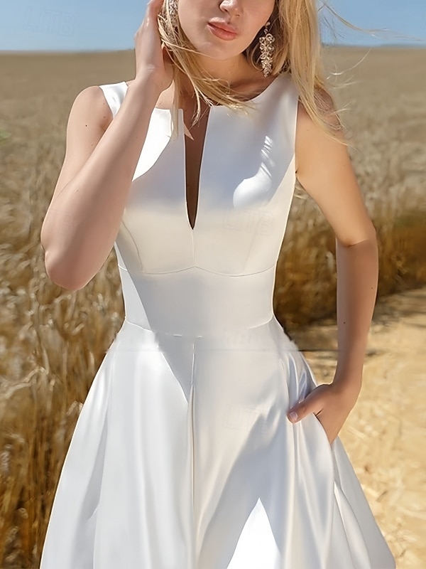 Impegno Piccola Laurea Abiti Bianchi Vestiti da Sposa A-Line Scollo a Barca Senza Maniche Lungo al Ginocchio Abiti da Sposa in Raso Con Pieghe 2025 del 2025 a $141.99 –P3