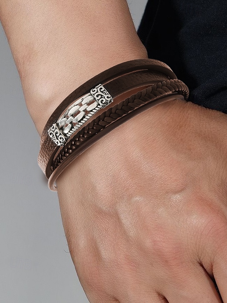 Men's Viking Style Faux Leather Multilayer Bracelet – Braided Design with Stainless Steel Charm, Adjustable Nordic Wristband for Casual and Formal Occasions 2025 - $9.99 –P1
