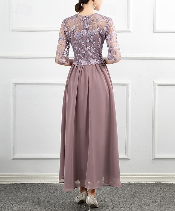 A-Line Dress Mother of the Bride Dress Formal Elegant Sparkle & Shine Jewel Neck Ankle Length Chiffon Long Sleeve with Lace Embroidery Solid Color 2025 2025 - $105.99 –P2