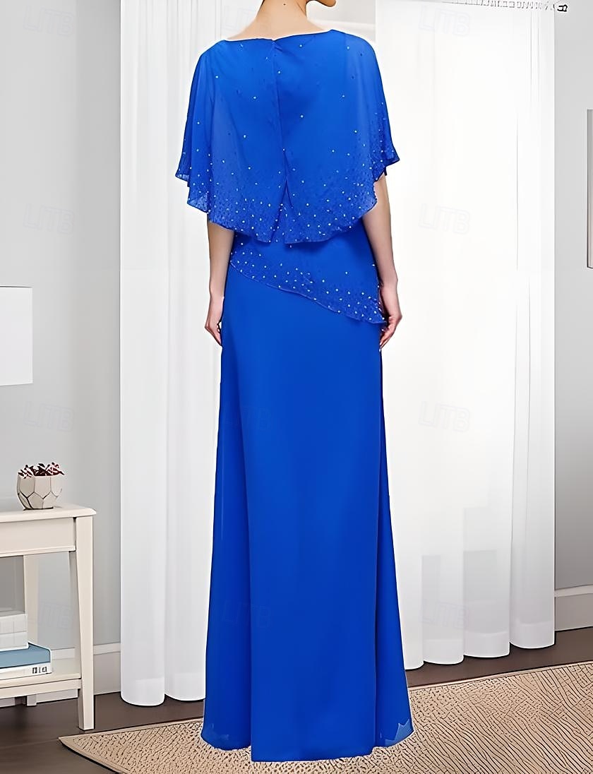 Abito A-Line Madre della Sposa Elegante Semplice Collo Giro Lunghezza Piena Chiffon Maniche Mezze con Ruches in Pizzo del 2025 a $141.99 –P4