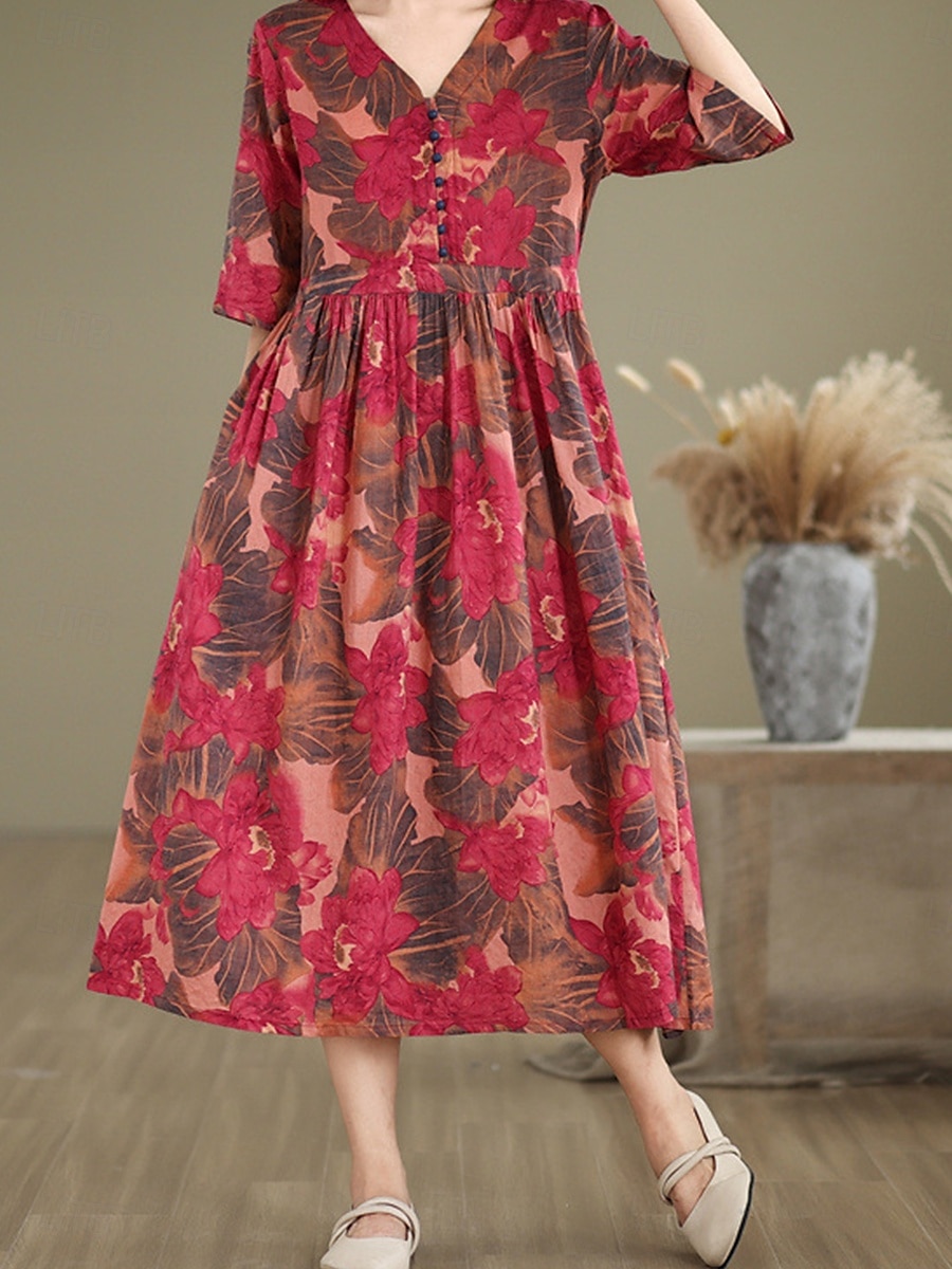 Damen Maxikleid Baumwoll-Leinen-Kleider Freizeitkleid Basic Lässig Urlaub Täglich Normale Passform Blumen Kurzarm V Ausschnitt Rote Sommer 2025 - $42.99 –P2