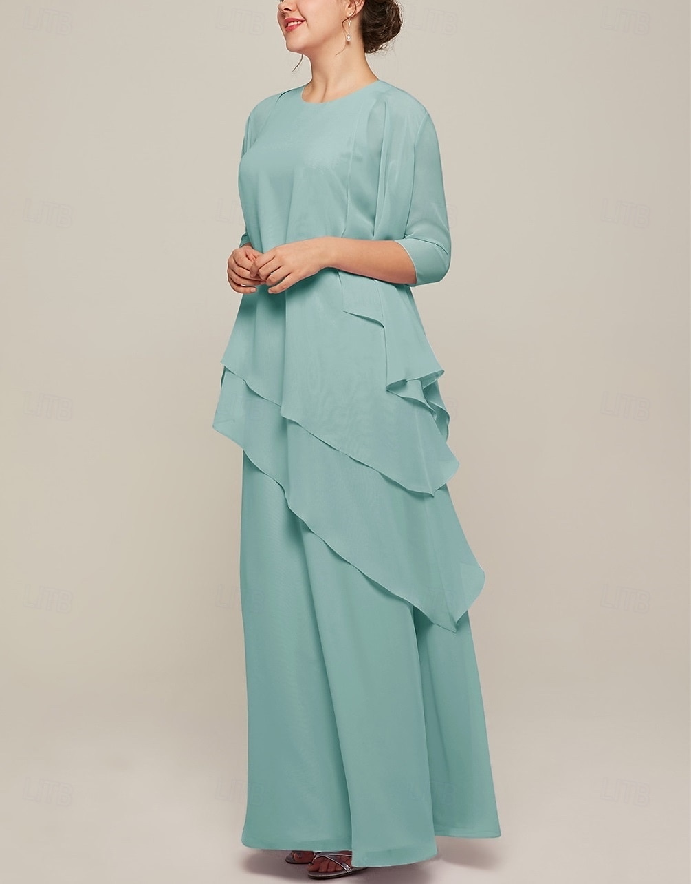 Abito Set Abiti Madre della Sposa Abito Elegante Vintage Collo Girocollo Lunghezza Pavimento Chiffon Maniche Lunghe Giacca Abiti con Volant Cascading in Pizzo 2025 del 2025 a $174.99 –P6