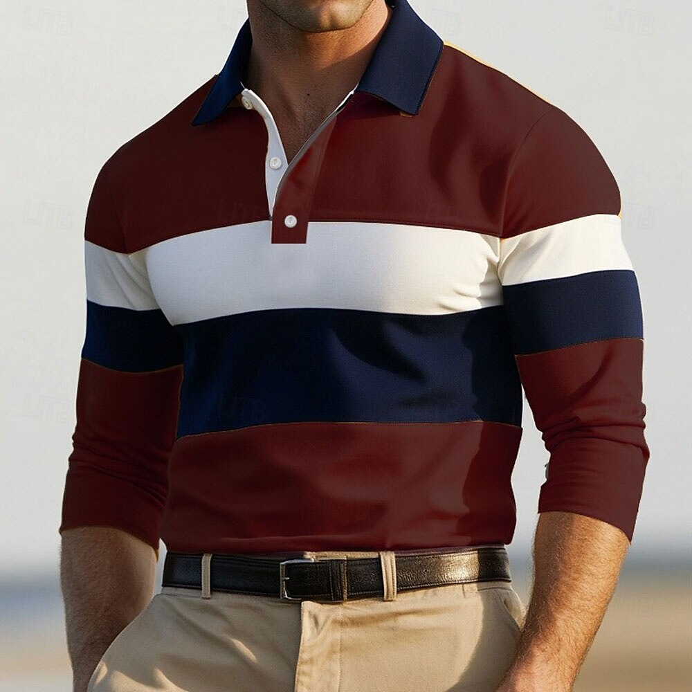 Herren Farbblock Rugby-Poloshirts Langarm Polo-Shirts Gerippter Polokragen Mode 3D-Druck Bequem Formell Arbeit Lässig Knöpfe Herbst Winter Wein Gelb Grau 2025 - $27.99 –P3
