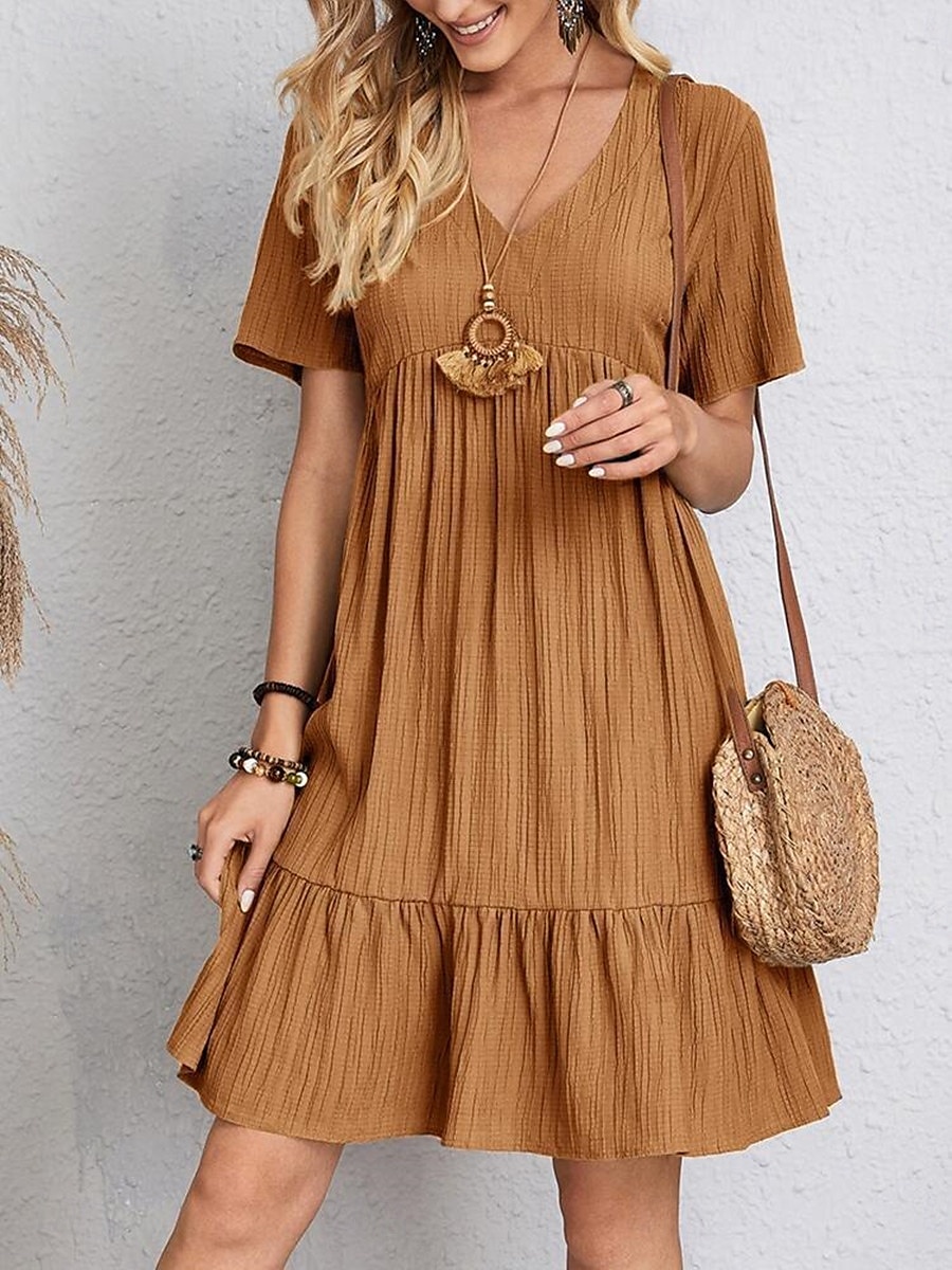 abito da lavoro da donna abito casual abito a trapezio elegante da ufficio quotidiano abito lungo abito lungo patchwork scollo a V manica corta tinta unita vestibilità regolare nero rosa rosso estate del 2025 a $21.99 –P7