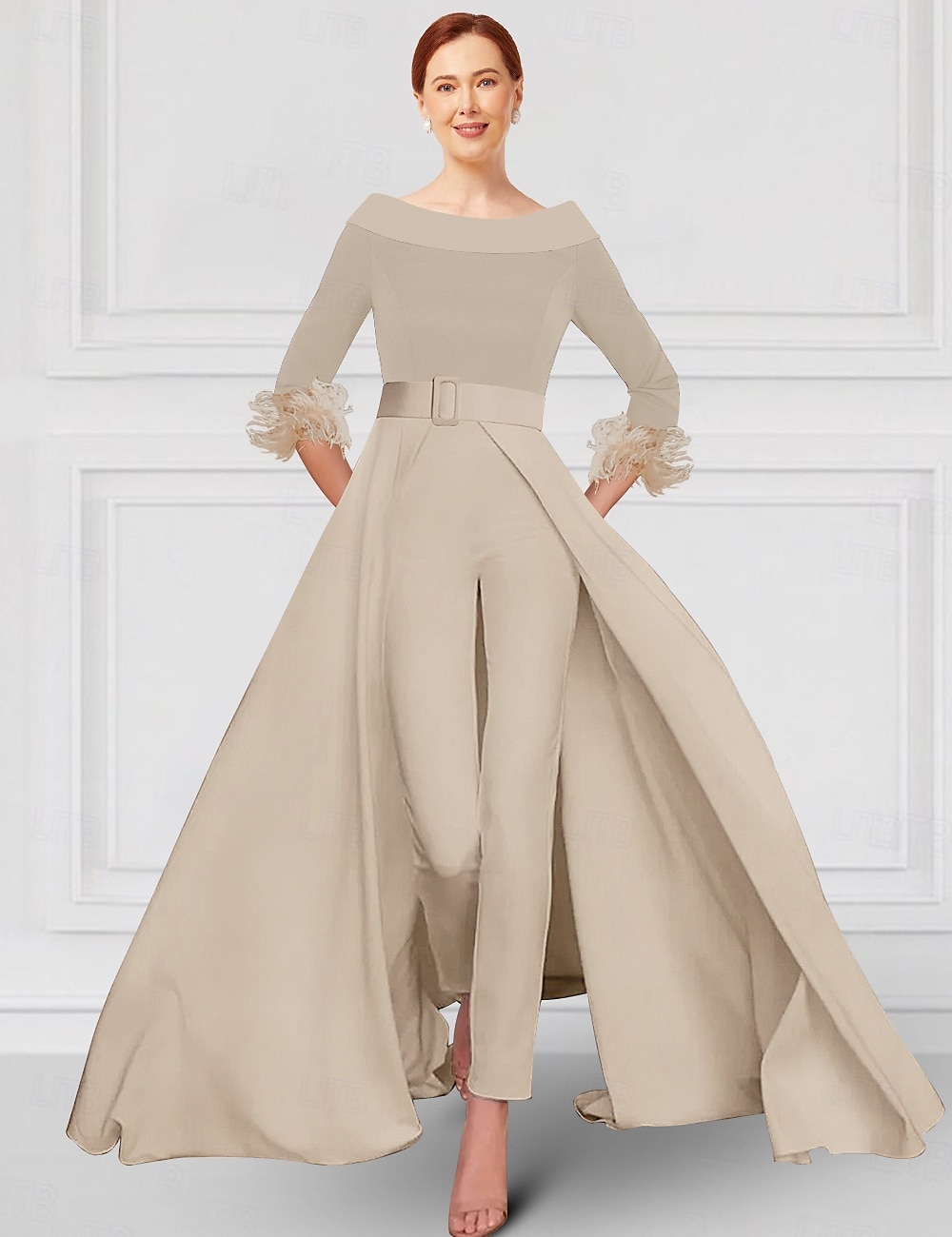 Tuta  Completo Mamma della Sposa Elegante Festa Scollo Rotondo Spalla Scoperta Lunghezza Caviglia Tessuto Elasticizzato Manica 3/4 con Fascia  Nastro in Piume 2025 del 2025 a $169.99 –P3