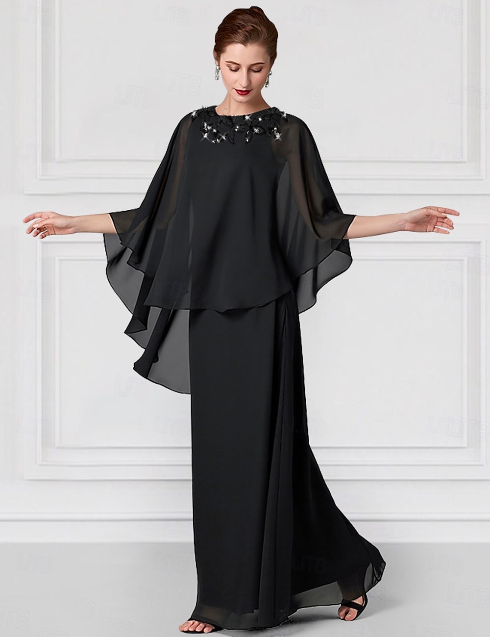 Abito per la madre della sposa blu a colonna matrimonio elegante lungo fino al pavimento in chiffon pizzo maniche corte wrap incluso con pizzo di colore solido del 2025 a $160.99 –P2