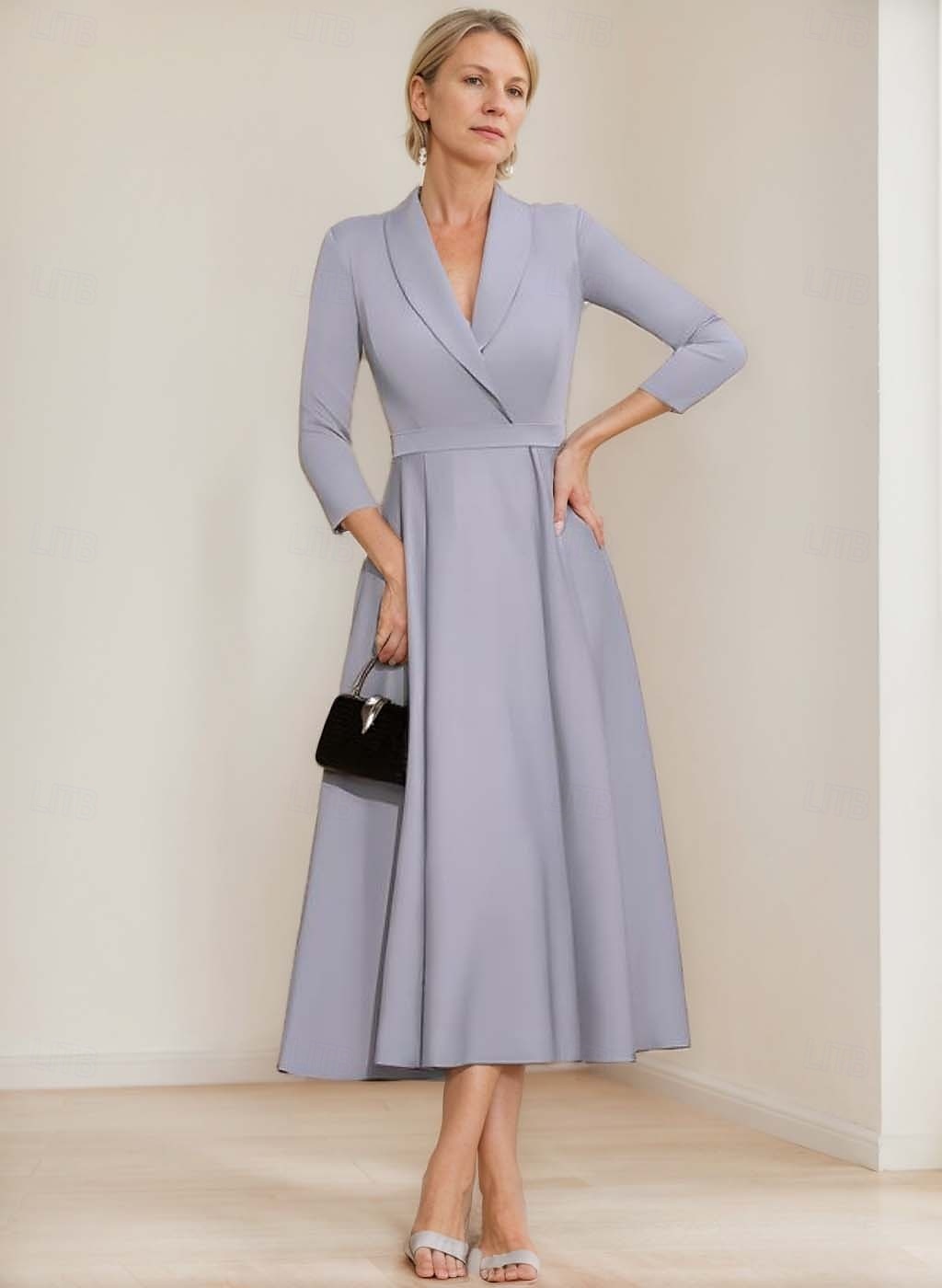 vestido blazer linha a mãe da noiva vestido crepe elegante simples lapela decote comprimento chá cetim manga 3/4 com cor sólida 2025 de 2025 por $169.99 –P4