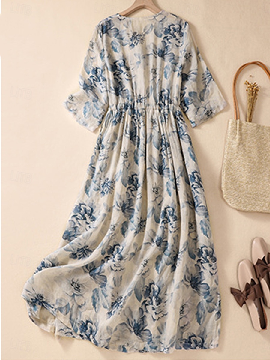 Damen Maxikleid Baumwoll-Leinen-Kleider Freizeitkleid Schwingkleid Maxikleid aus Baumwolle Basic Lässig Urlaub Täglich Normale Passform Blumen Kurzarm V Ausschnitt Khaki Sommer 2025 - $32.99 –P2
