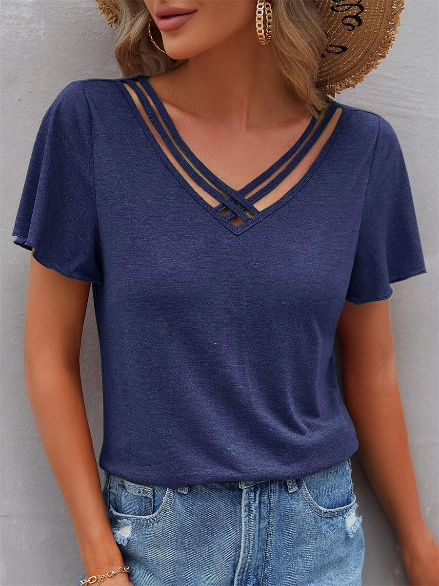 Femme T shirt Plein Mode Moderne Décontractées Manche Courte Col V Hauts réguliers du quotidien Fin de semaine Noir Vert Véronèse bleu marine Violet Eté Printemps de 2025 ? $21.99 –P10