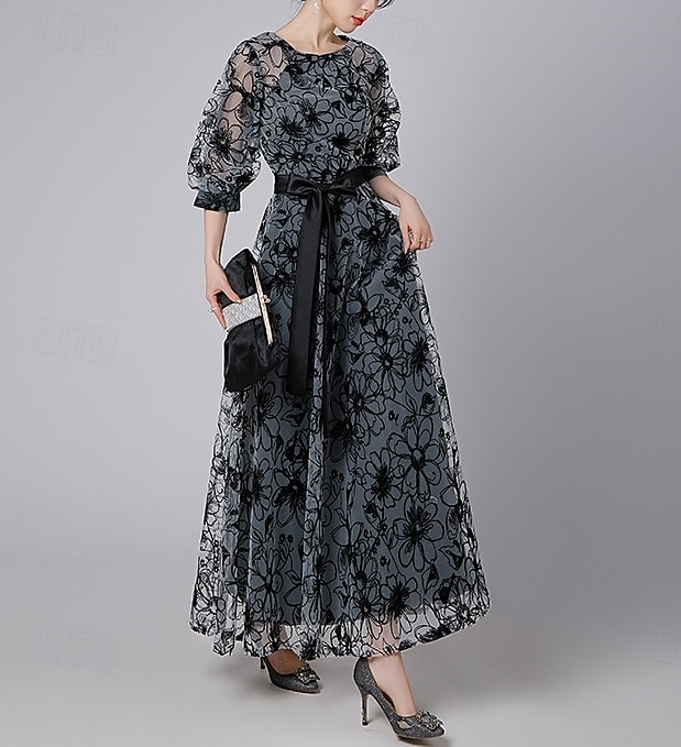 A-Linien-Kleid, formelles, elegantes Vintage-Kleid für die Mutter der Braut, durchsichtiger Rundhalsausschnitt, knöchellang, Chiffon, halbe Ärmel mit Spitzenstickerei 2025 2025 - $110.99 –P3