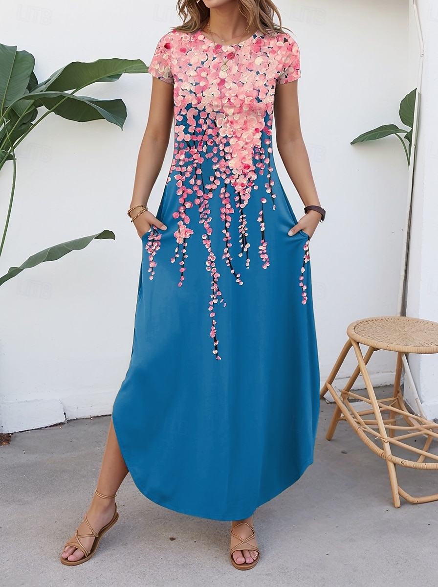 Women's Maxi Dress Casual Dress Vintage Vacation Regular Fit Floral Short Sleeve Crew Neck Blue Summer 2025 - $28.99 –P1