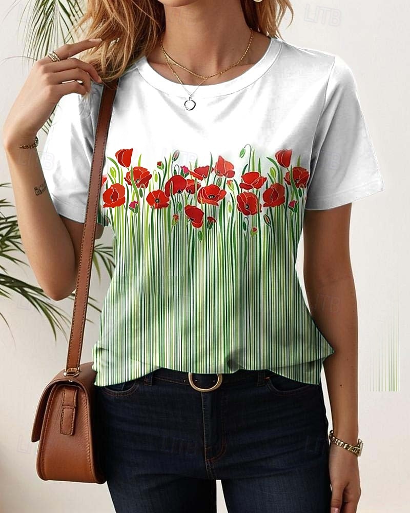 Femme T shirt Floral Décontractées Manche Courte Col Rond Hauts réguliers du quotidien Imprimer Vert Eté de 2025 ? $19.99 –P1