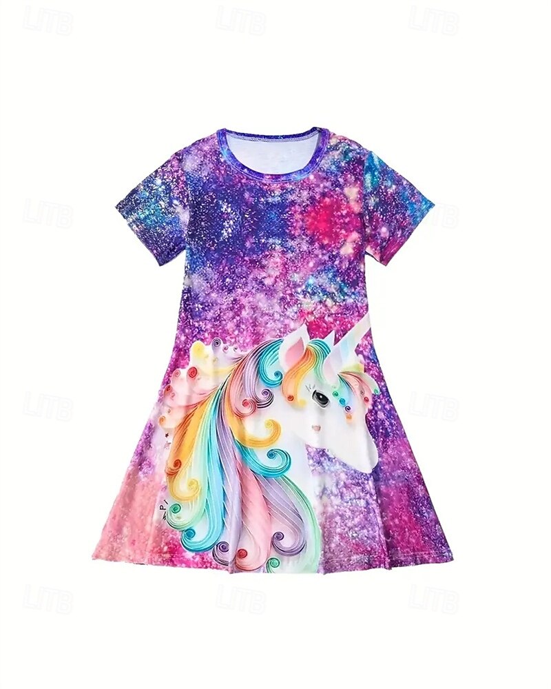Tyttöjen 3D Kuvitettu Yksisarvinen Mekko Lyhythihainen Kesä Kevät Loma Päivittäin Pyhäpäivä Prinsessa Kaunis Makea Lapset 4-12 vuotta Rento mekko A linjainen mekko Polvipituinen Normaali 2025 - $15.99 –P2