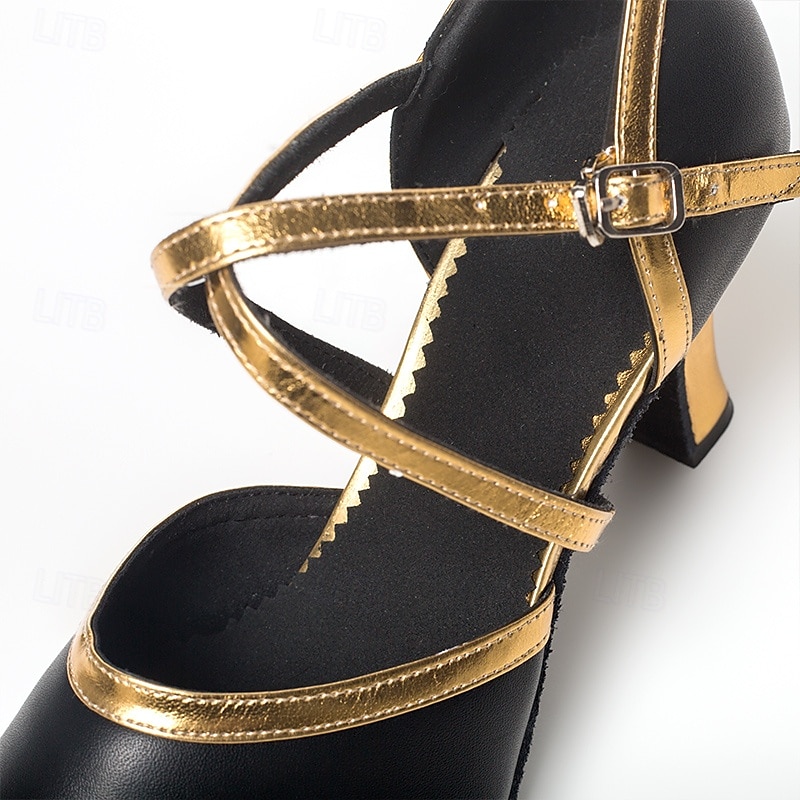 schwarze und goldene Tanzschuhe mit gekreuzten Riemchen und niedrigem Absatz für Damen – bequeme Standard- und lateinamerikanische Tanzbekleidung 2025 - $34.99 –P1