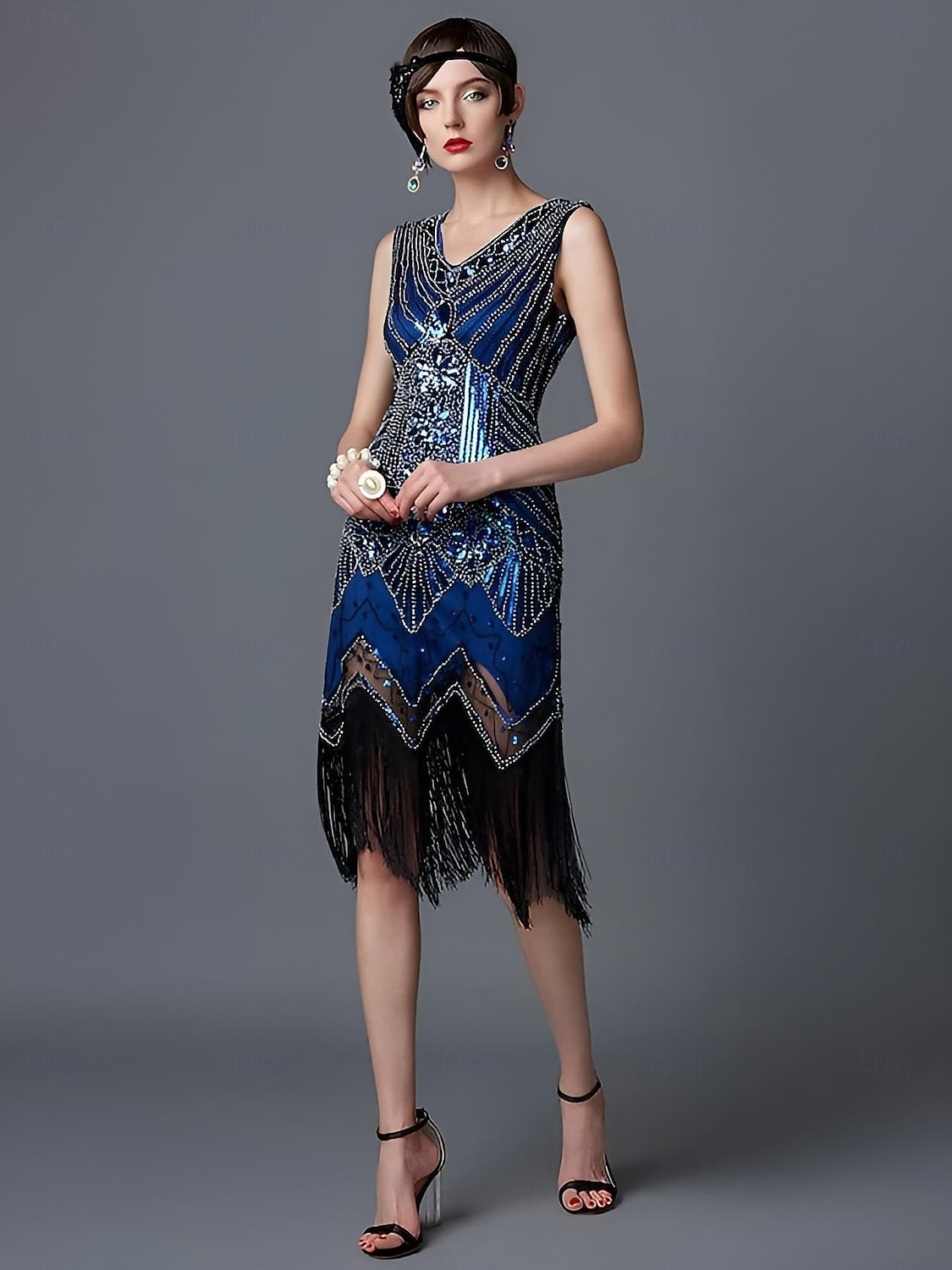 De livlige 20-årene 1920-tallet Cocktail Kjole Knelengde Flapper kjole Kjoler Drakter Ermeløs Den store Gatsby Charleston Store størrelser Dusk Fjær V-hals Kostyme Dame Karneval Nytt År Maskerade 2025 - $55.99 –P11