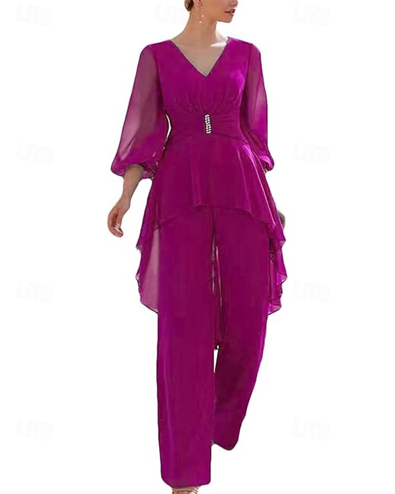 Jumpsuit / Pantsuit Mother of the Bride  Formal Wedding Guest Elegant Simple V Neck Floor Length Chiffon 3/4 Length Sleeve Wrap Included with Solid Color 2025 2025 - $178.99 –P5
