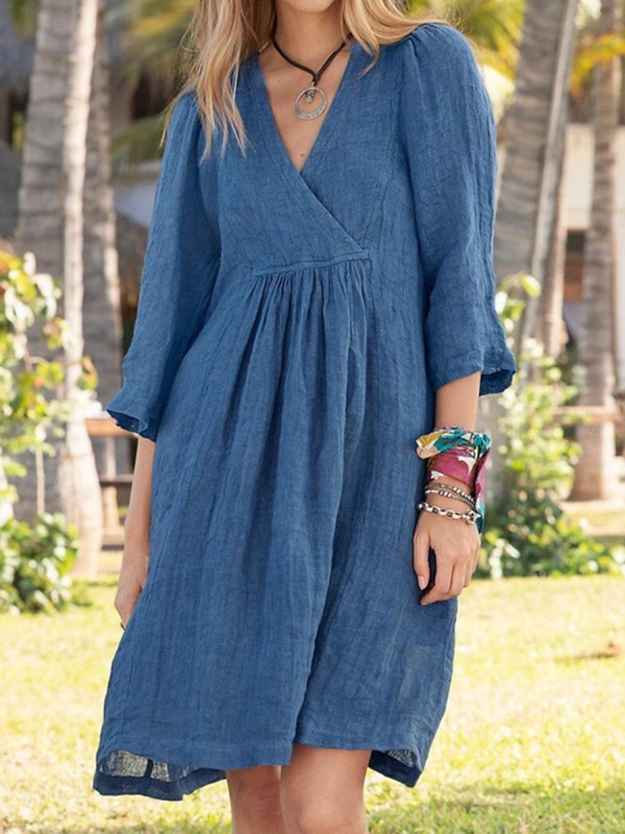Per donna Mini Abito Abiti in cotone e lino Vestito Casual Essenziale Casual Vacanza Quotidiano Vestibilità regolare Semplice Manica 3/4 Scollo a V Bianco Blu Marrone Grigio Estate del 2025 a $26.99 –P2