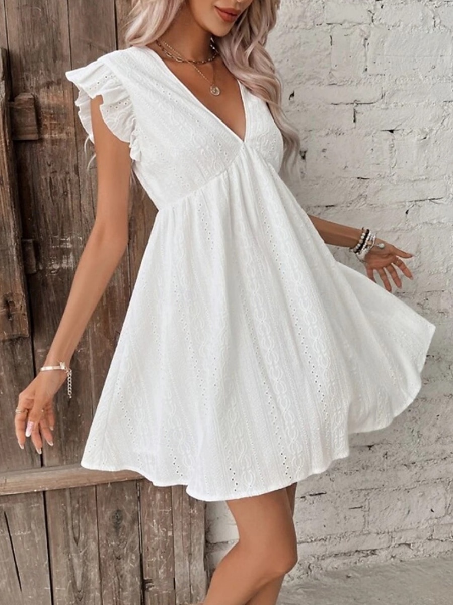 Damen Minikleid Baumwoll-Leinen-Kleider Basic Lässig Urlaub Täglich Normale Passform Einfach Ärmellos V Ausschnitt Weiß Sommer 2025 - $28.99 –P5