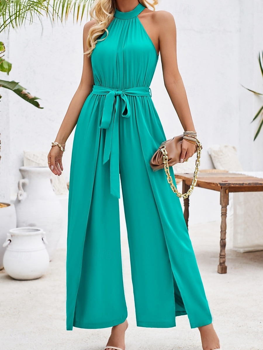 Women's Normal Jumpsuit Active Solid Color Sleeveless Halter Neck High Waist Tie Belt Vacation Daily Regular Fit Red Green Summer 2025 - $42.99 –P13