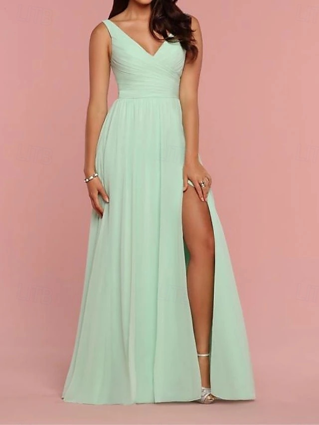 A-line družičkovské šaty V krku bez rukávů elegantní na zem chiffon  nylon se sklady  drapováním  ručními 2025 - $162.99 –P1