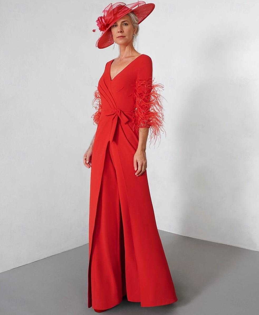 Jumpsuit / Pantsuit Mother of the Bride  Elegant Vintage V Neck Floor Length Stretch Chiffon Half Sleeve with Feather Sequin Appliques 2025 2025 - $198.99 –P3